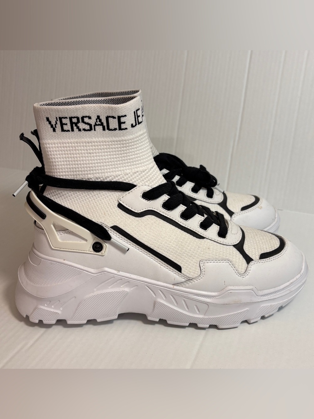 Versace Jeans Couture White and Black Knit Sock Sneakers